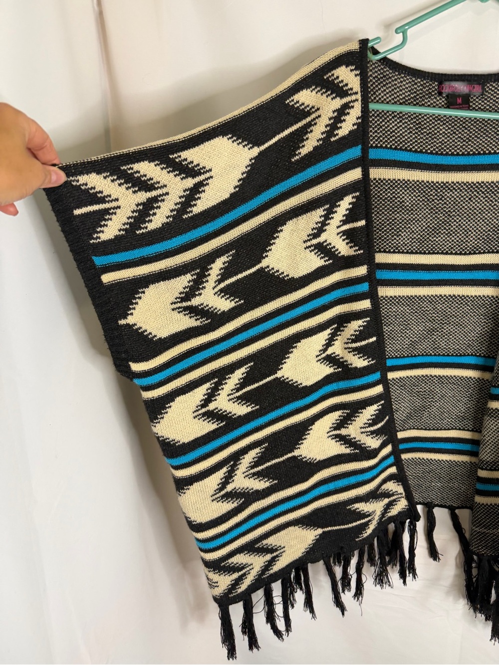 Rock & Roll Cowgirl Open Front Fringe Poncho - Black, Cream & Blue Size Medium - Picture 5 of 5